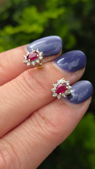 Vintage: 18ct Yellow Gold Ruby & Diamond Oval Cluster Stud Earrings — From 1995