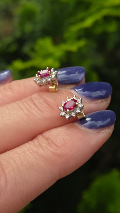 Vintage: 18ct Yellow Gold Ruby & Diamond Oval Cluster Stud Earrings — From 1995