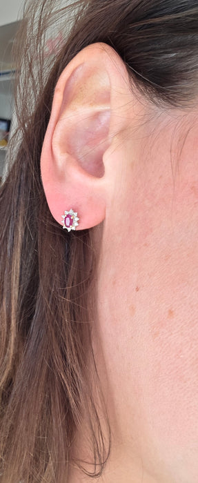 Vintage: 18ct Yellow Gold Ruby & Diamond Oval Cluster Stud Earrings — From 1995