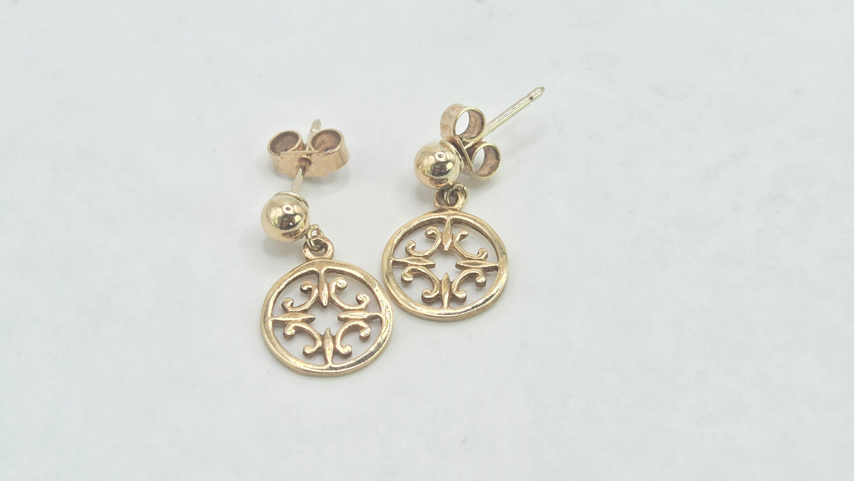 Vintage: 9ct Yellow Gold Filigree Disc Drop Earrings