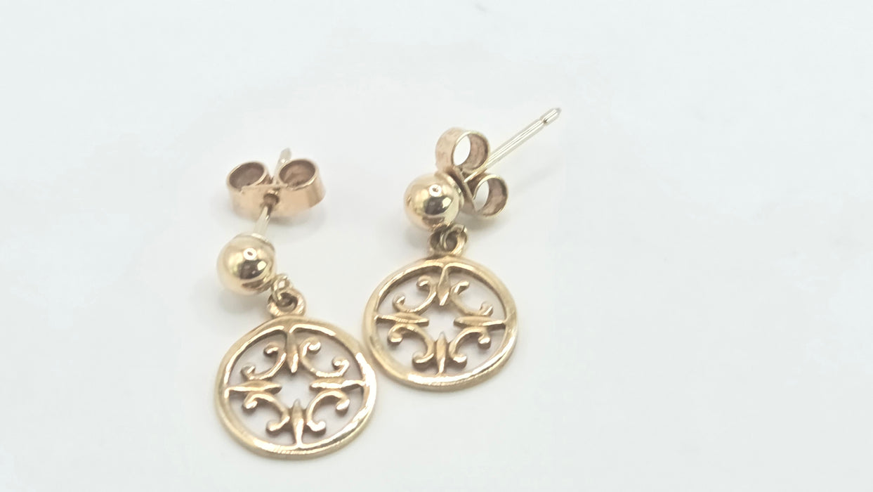 Vintage: 9ct Yellow Gold Filigree Disc Drop Earrings
