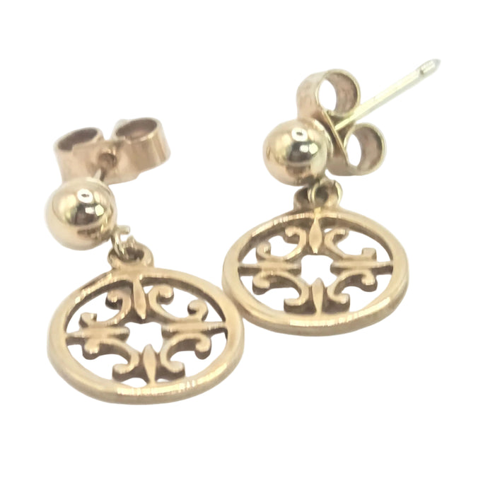 Vintage: 9ct Yellow Gold Filigree Disc Drop Earrings