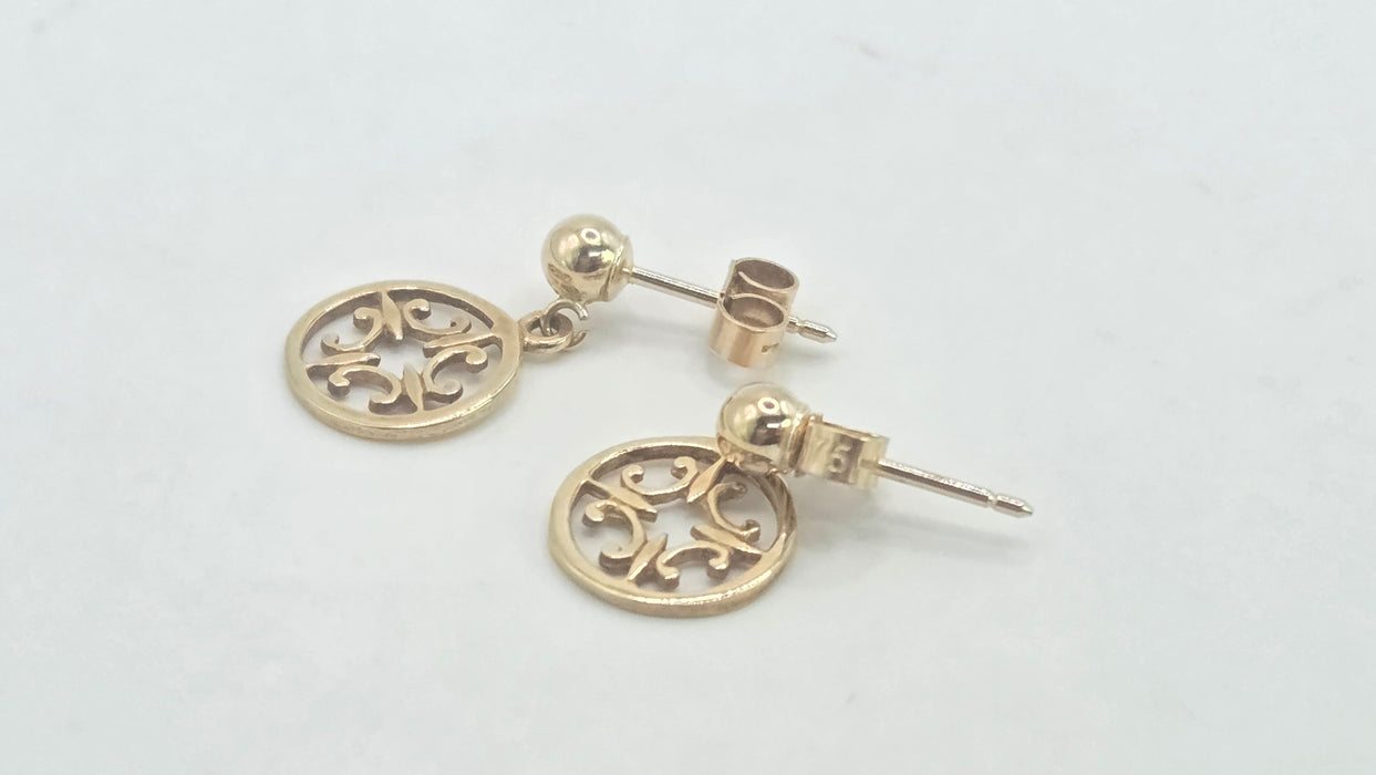 Vintage: 9ct Yellow Gold Filigree Disc Drop Earrings