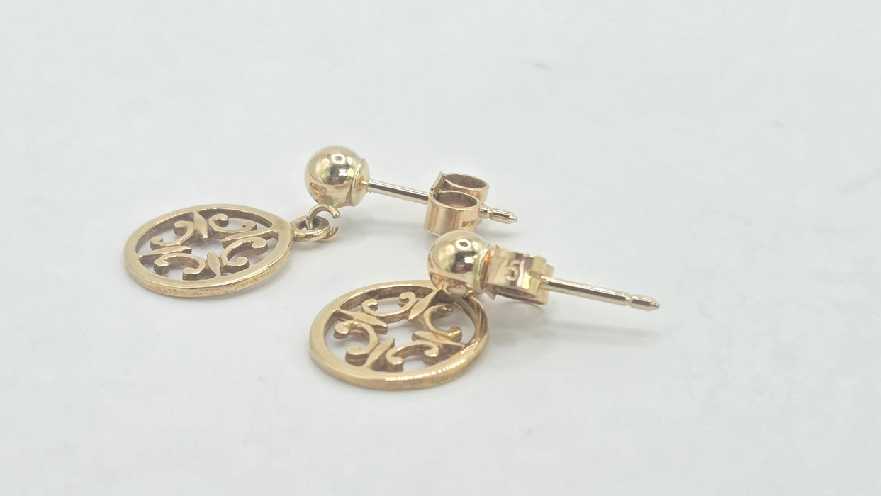 Vintage: 9ct Yellow Gold Filigree Disc Drop Earrings