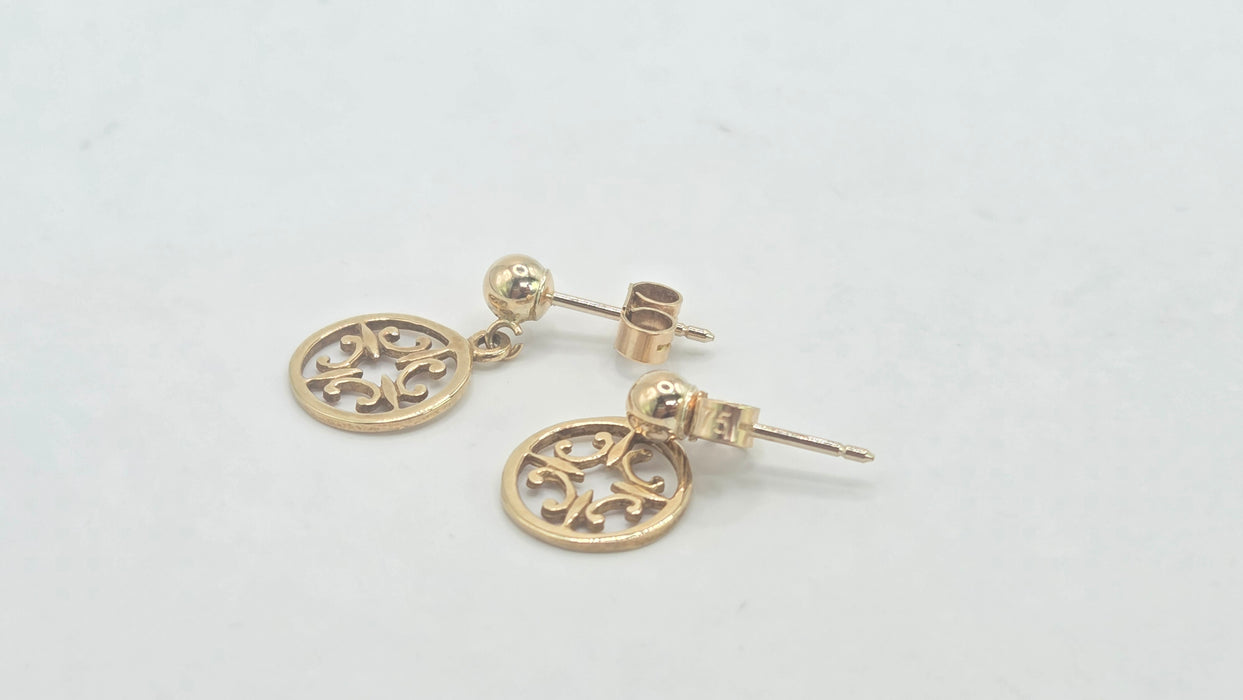 Vintage: 9ct Yellow Gold Filigree Disc Drop Earrings