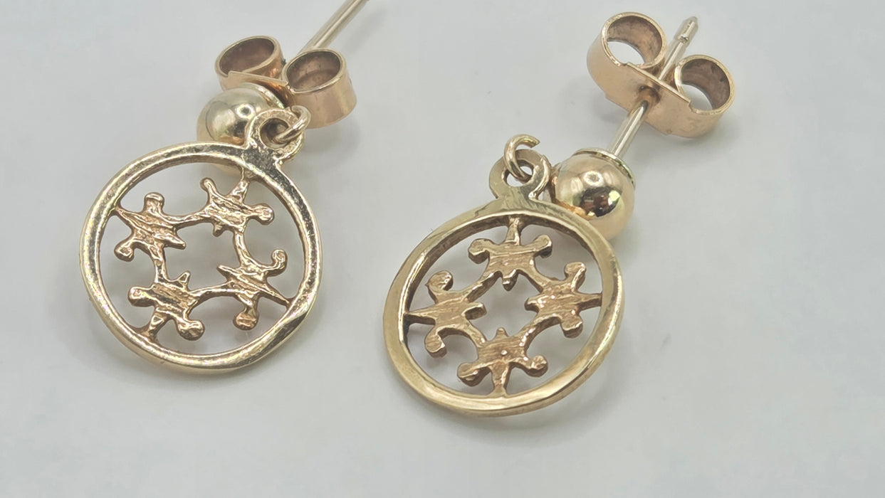 Vintage: 9ct Yellow Gold Filigree Disc Drop Earrings