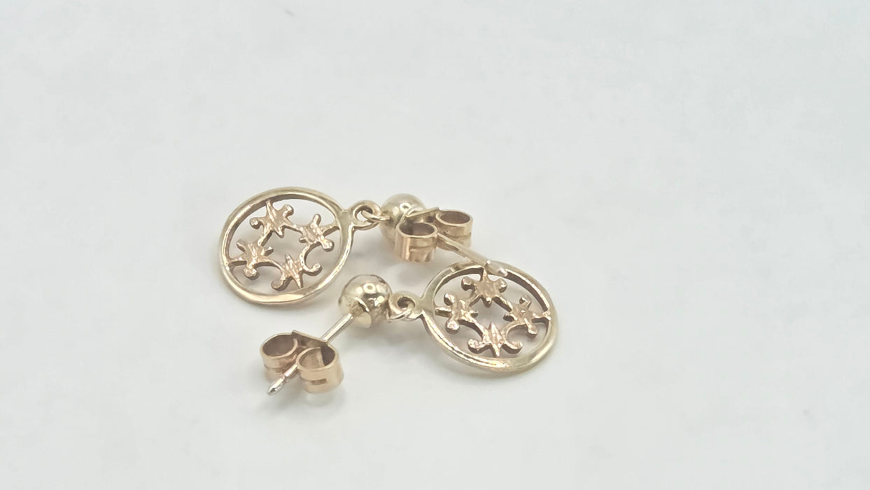 Vintage: 9ct Yellow Gold Filigree Disc Drop Earrings