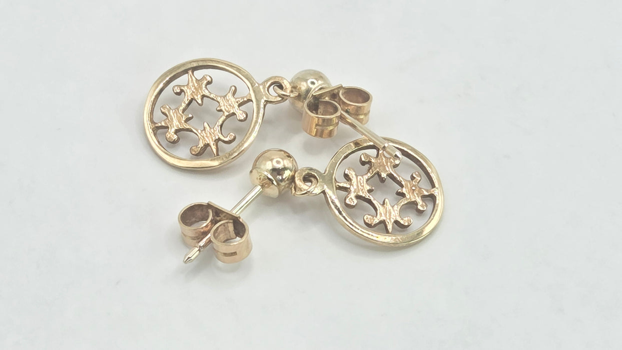 Vintage: 9ct Yellow Gold Filigree Disc Drop Earrings