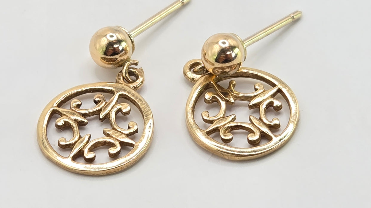 Vintage: 9ct Yellow Gold Filigree Disc Drop Earrings