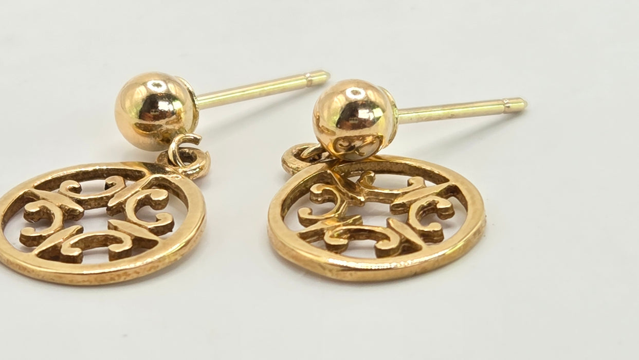 Vintage: 9ct Yellow Gold Filigree Disc Drop Earrings