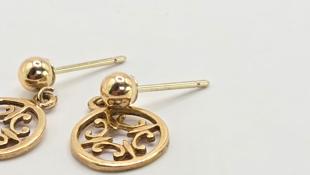Vintage: 9ct Yellow Gold Filigree Disc Drop Earrings