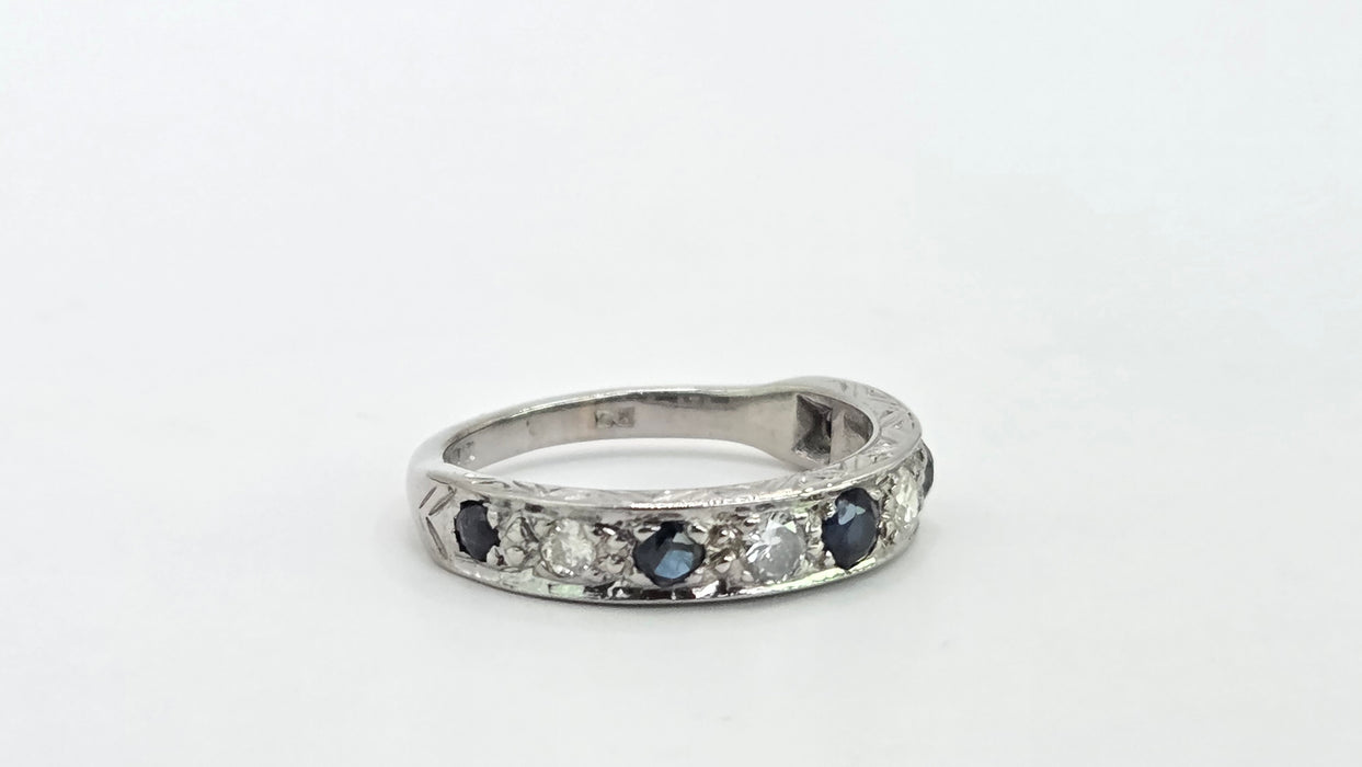 Vintage: 18ct White Gold Sapphire 0.51ct & Diamond 0.31ct Stacker Ring — From 1973
