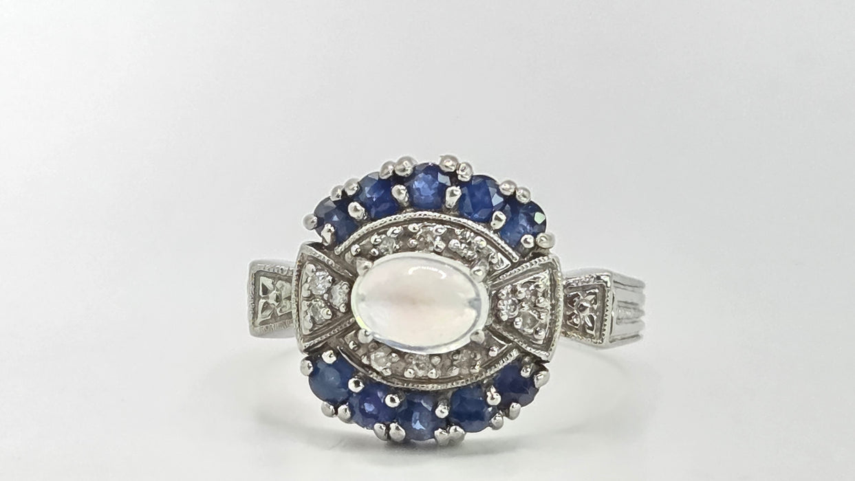 Vintage: 14ct White Gold Art Deco Style Moonstone, Sapphire & Diamond Dress Ring