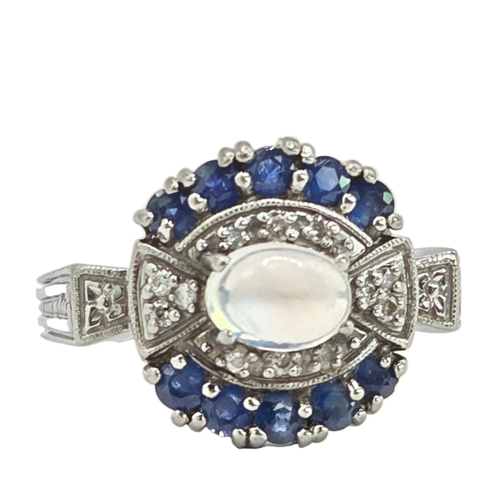Vintage: 14ct White Gold Art Deco Style Moonstone, Sapphire & Diamond Dress Ring