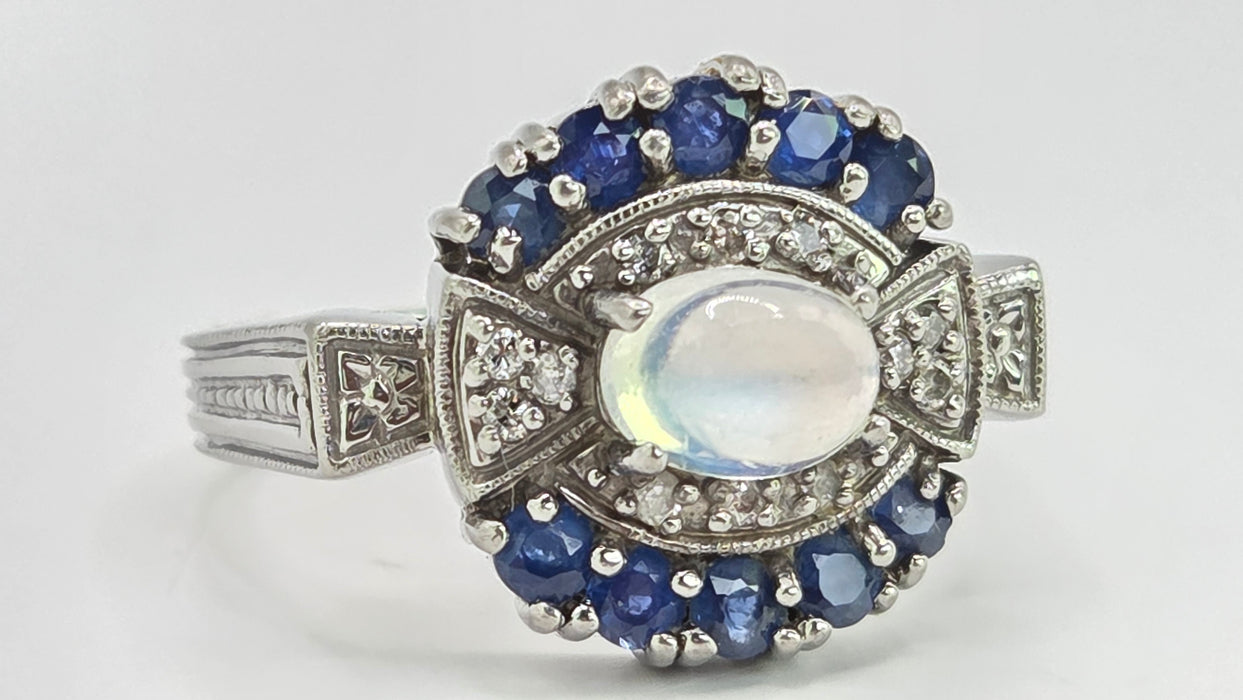 Vintage: 14ct White Gold Art Deco Style Moonstone, Sapphire & Diamond Dress Ring