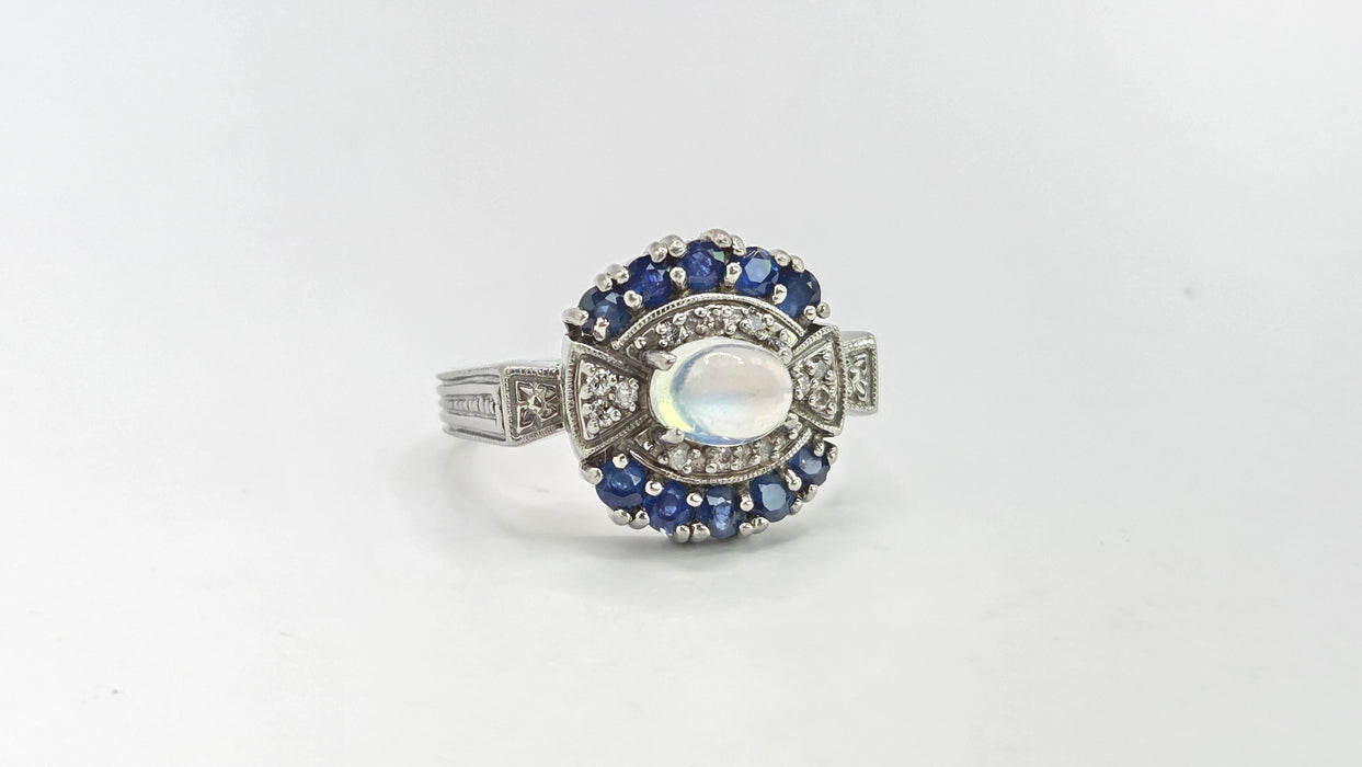 Vintage: 14ct White Gold Art Deco Style Moonstone, Sapphire & Diamond Dress Ring
