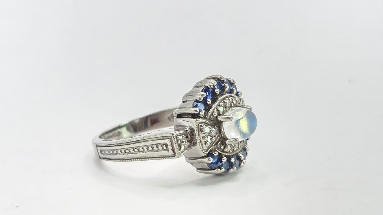 Vintage: 14ct White Gold Art Deco Style Moonstone, Sapphire & Diamond Dress Ring