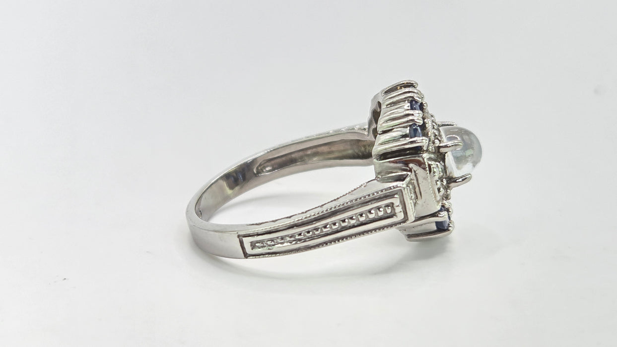 Vintage: 14ct White Gold Art Deco Style Moonstone, Sapphire & Diamond Dress Ring