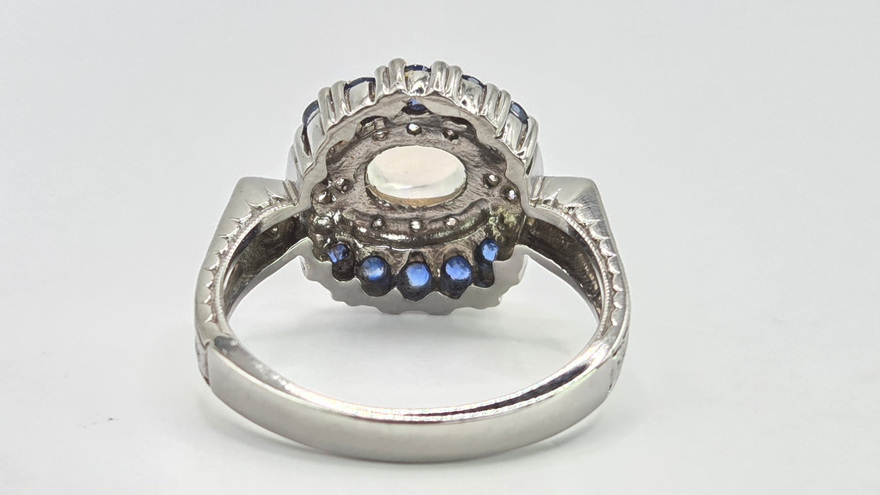 Vintage: 14ct White Gold Art Deco Style Moonstone, Sapphire & Diamond Dress Ring