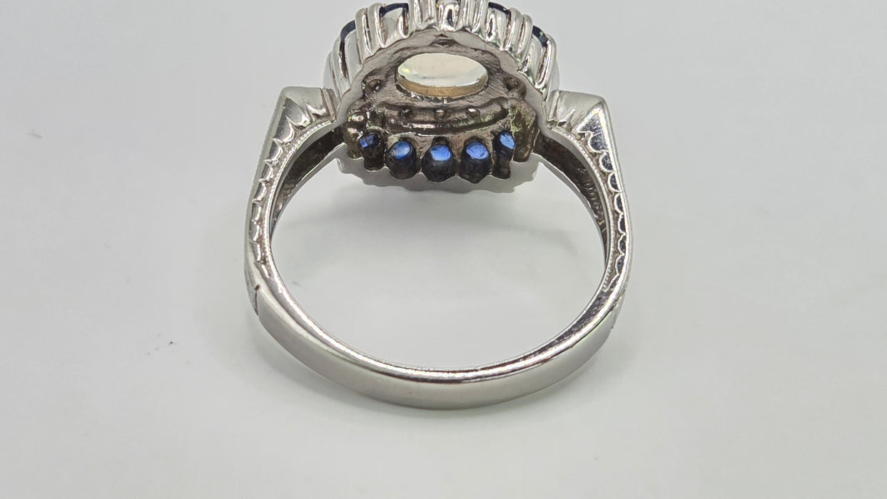 Vintage: 14ct White Gold Art Deco Style Moonstone, Sapphire & Diamond Dress Ring