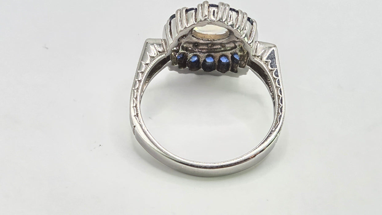 Vintage: 14ct White Gold Art Deco Style Moonstone, Sapphire & Diamond Dress Ring