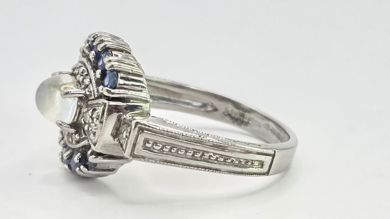 Vintage: 14ct White Gold Art Deco Style Moonstone, Sapphire & Diamond Dress Ring
