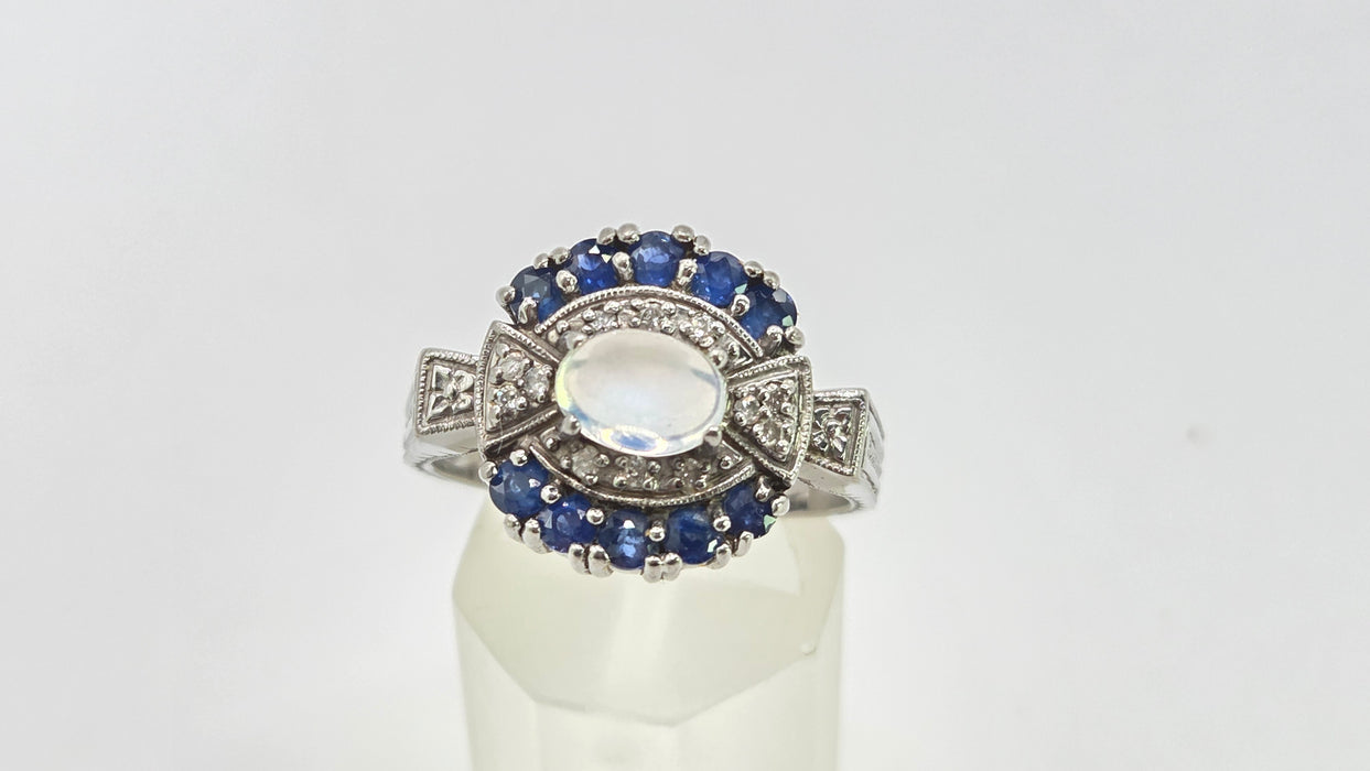 Vintage: 14ct White Gold Art Deco Style Moonstone, Sapphire & Diamond Dress Ring