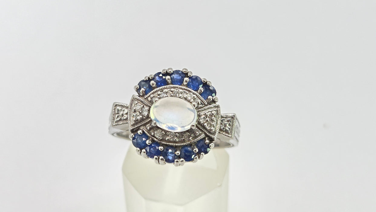 Vintage: 14ct White Gold Art Deco Style Moonstone, Sapphire & Diamond Dress Ring