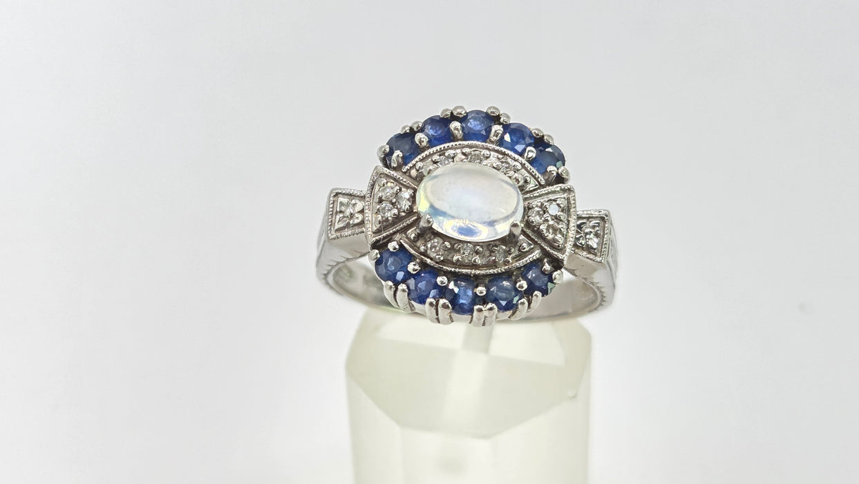 Vintage: 14ct White Gold Art Deco Style Moonstone, Sapphire & Diamond Dress Ring