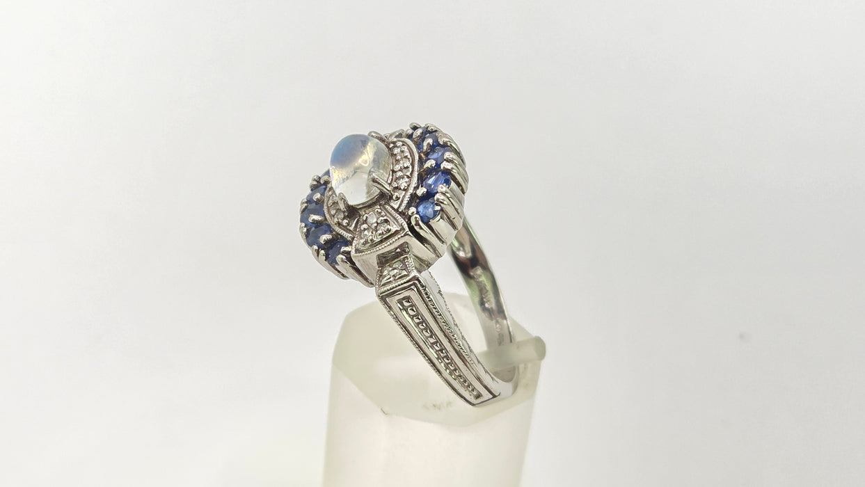 Vintage: 14ct White Gold Art Deco Style Moonstone, Sapphire & Diamond Dress Ring