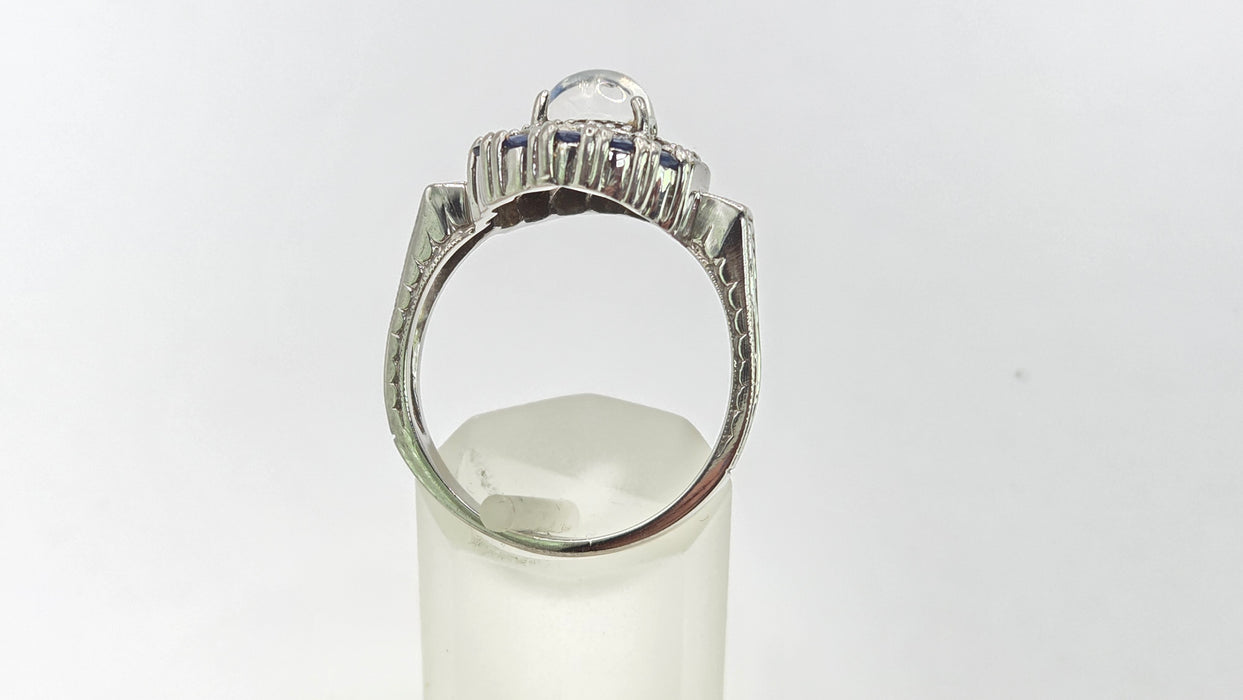 Vintage: 14ct White Gold Art Deco Style Moonstone, Sapphire & Diamond Dress Ring