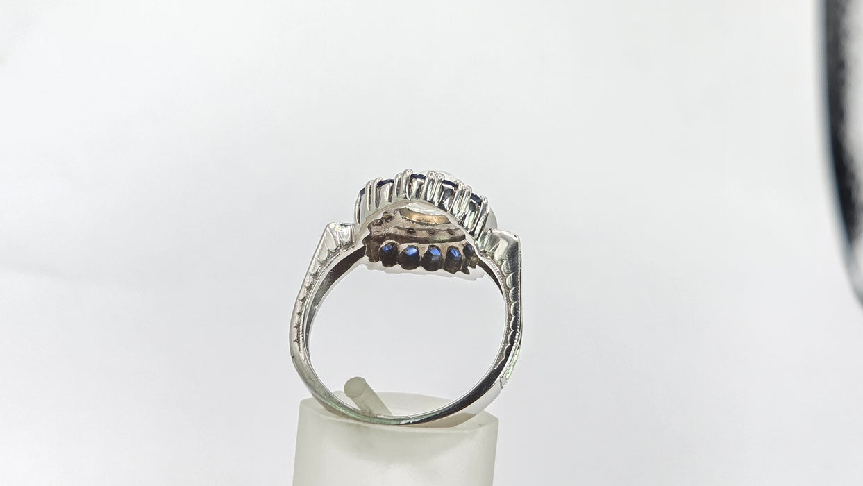 Vintage: 14ct White Gold Art Deco Style Moonstone, Sapphire & Diamond Dress Ring