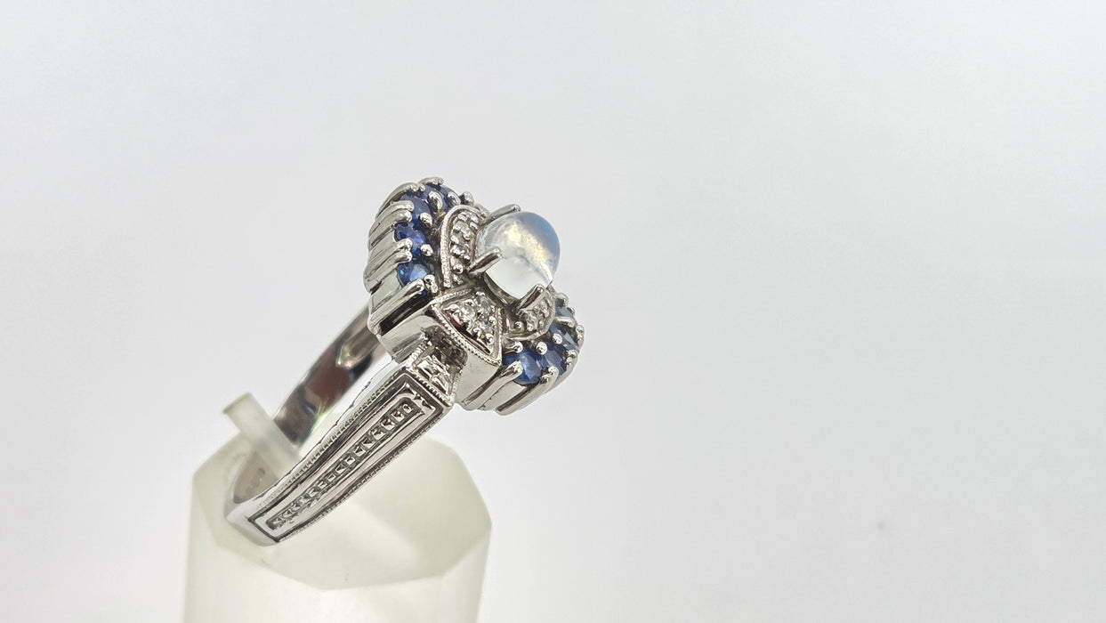 Vintage: 14ct White Gold Art Deco Style Moonstone, Sapphire & Diamond Dress Ring