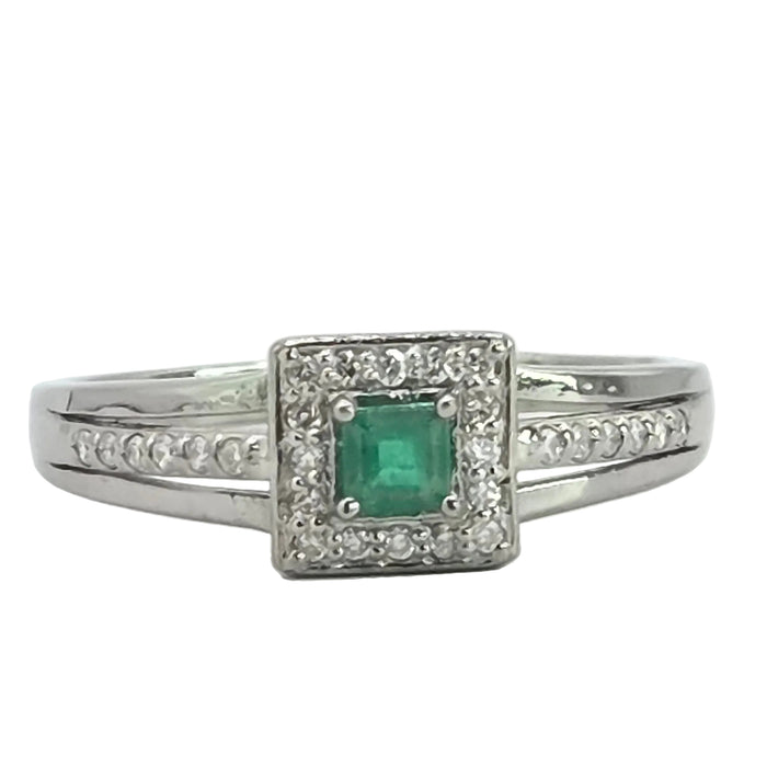 Vintage: 14ct White Gold Emerald & 28 Diamond Square Cluster Ring