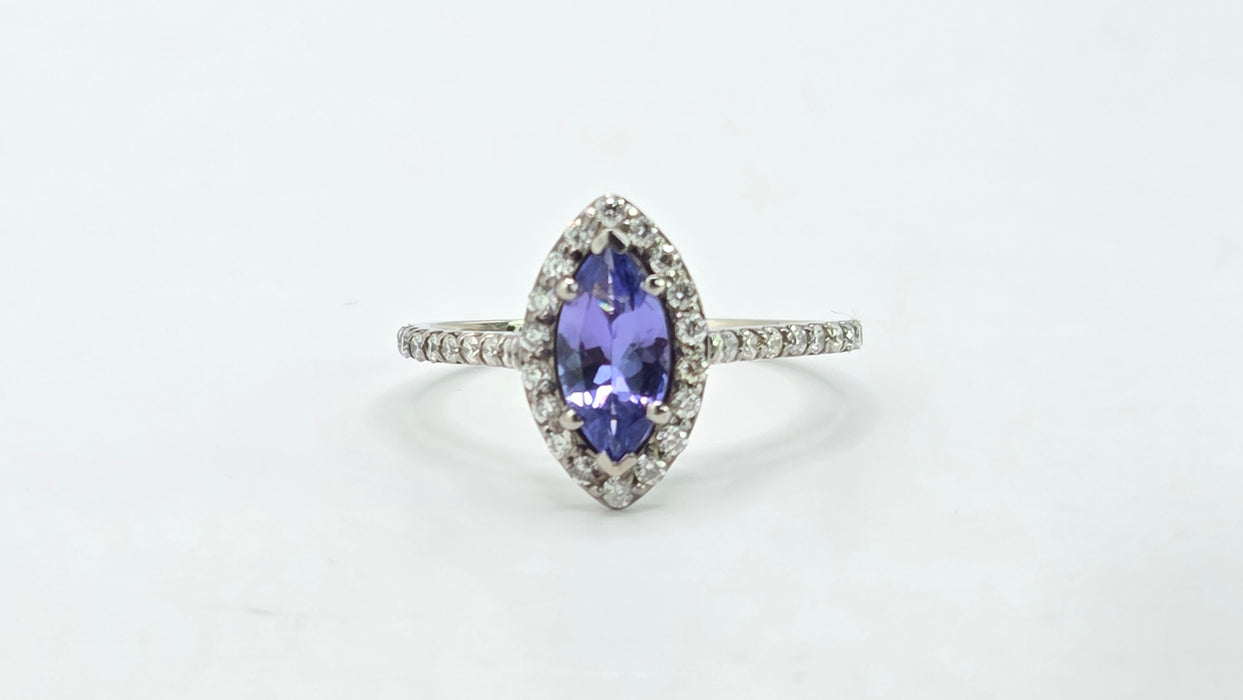 Vintage: 14ct White Gold Tanzanite & 40 Diamond Marquise Dress Ring — 0.64ct