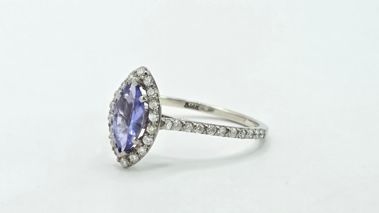 Vintage: 14ct White Gold Tanzanite & 40 Diamond Marquise Dress Ring — 0.64ct