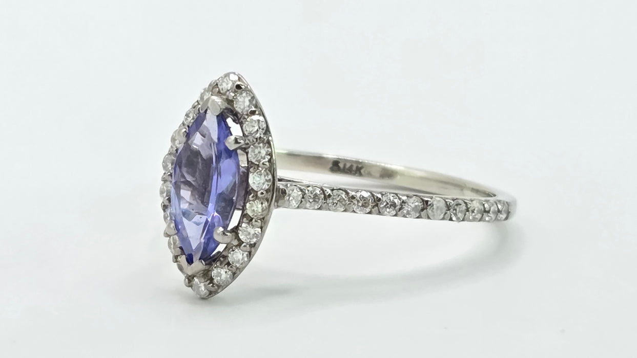 Vintage: 14ct White Gold Tanzanite & 40 Diamond Marquise Dress Ring — 0.64ct