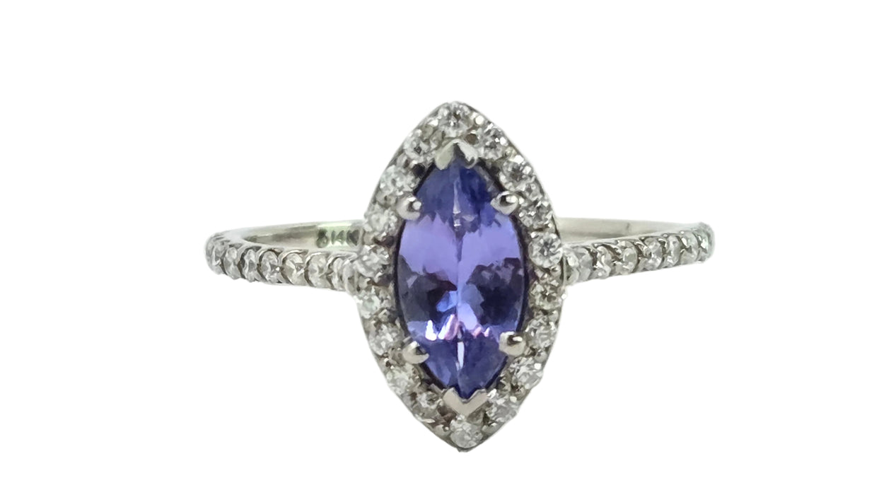 Vintage: 14ct White Gold Tanzanite & 40 Diamond Marquise Dress Ring — 0.64ct