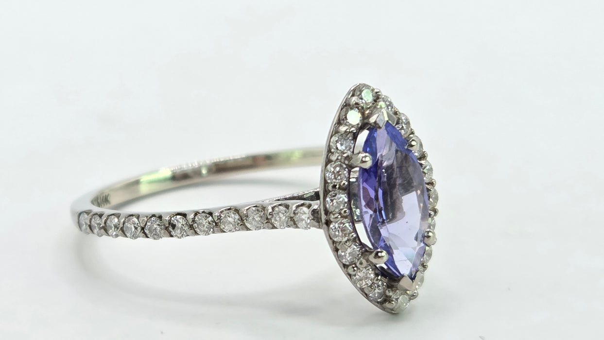 Vintage: 14ct White Gold Tanzanite & 40 Diamond Marquise Dress Ring — 0.64ct