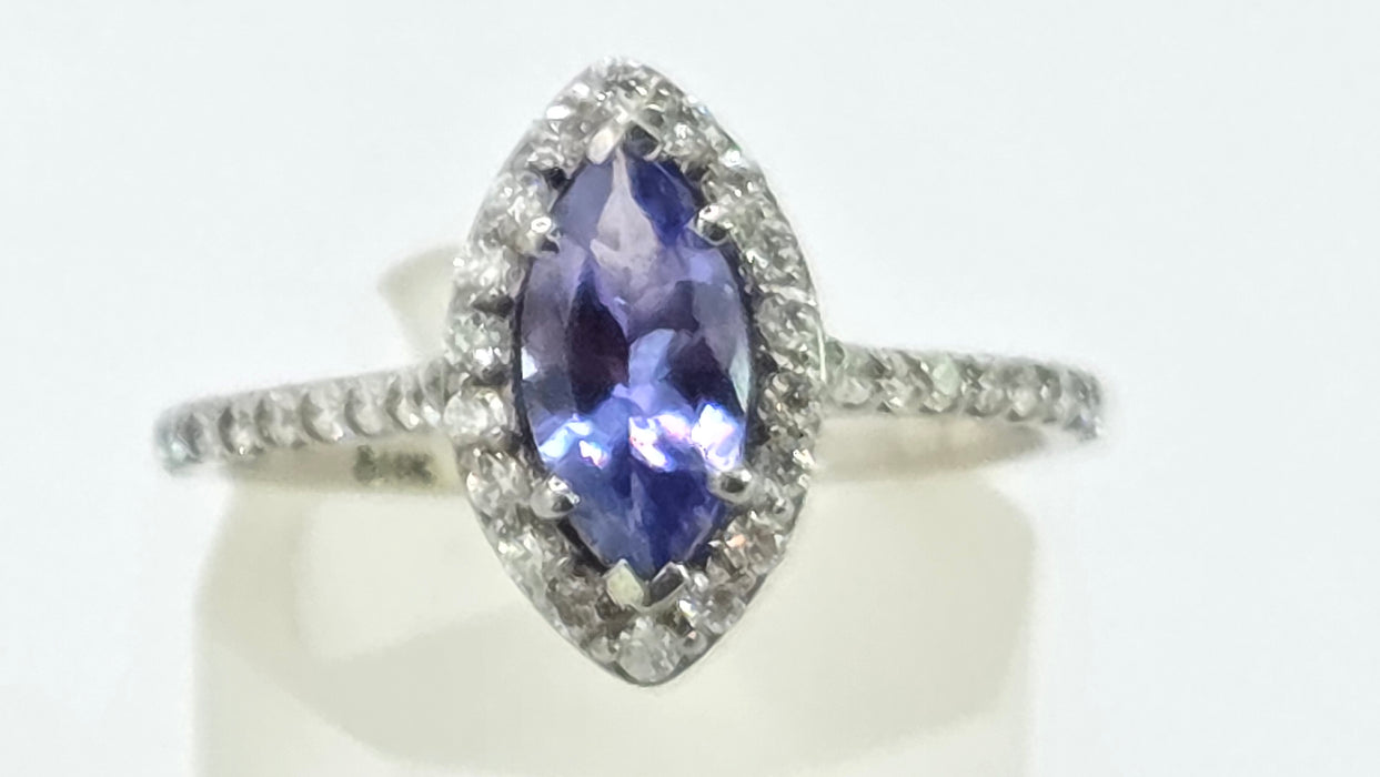 Vintage: 14ct White Gold Tanzanite & 40 Diamond Marquise Dress Ring — 0.64ct