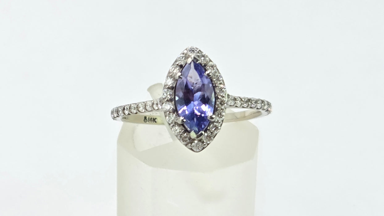Vintage: 14ct White Gold Tanzanite & 40 Diamond Marquise Dress Ring — 0.64ct