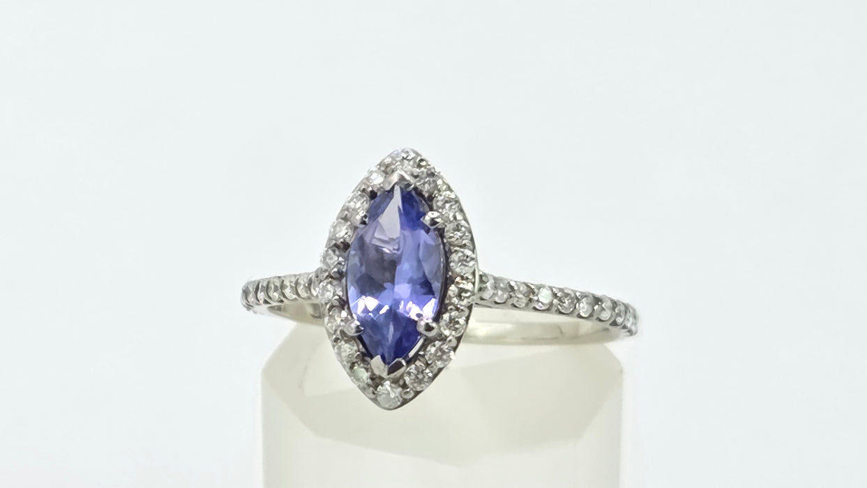 Vintage: 14ct White Gold Tanzanite & 40 Diamond Marquise Dress Ring — 0.64ct