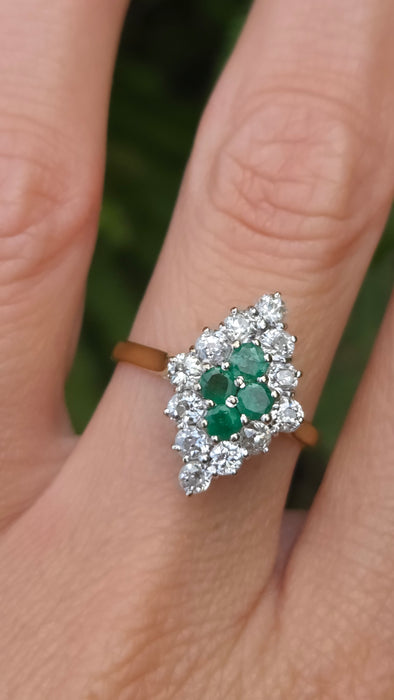 Vintage: 18ct Yellow Gold Emerald 0.50ct & Diamond 0.70ct Marquise Harlequin Cluster Ring — From 1977