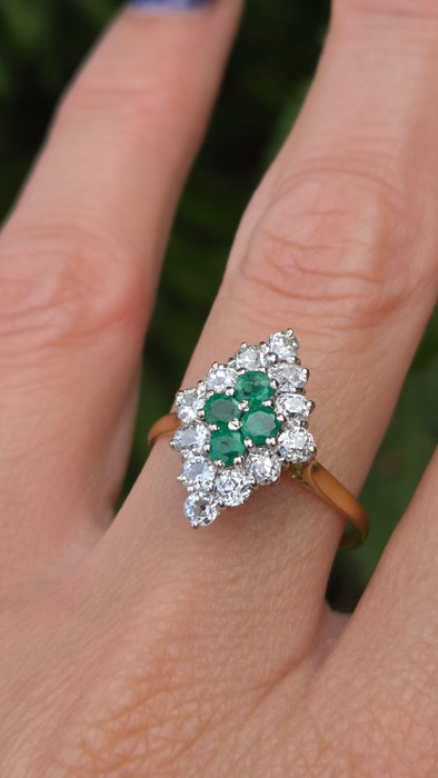 Vintage: 18ct Yellow Gold Emerald 0.50ct & Diamond 0.70ct Marquise Harlequin Cluster Ring — From 1977