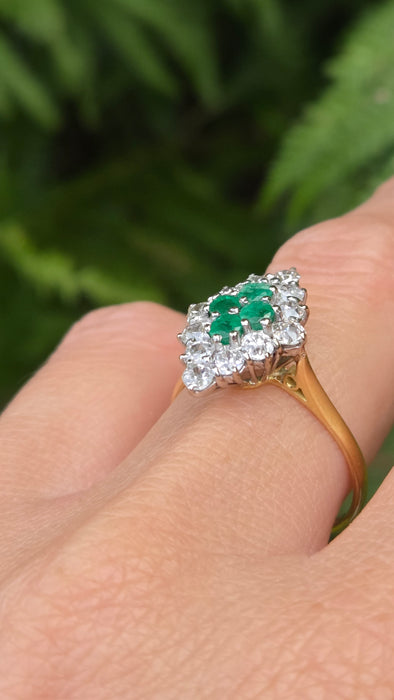 Vintage: 18ct Yellow Gold Emerald 0.50ct & Diamond 0.70ct Marquise Harlequin Cluster Ring — From 1977