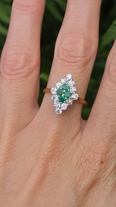 Vintage: 18ct Yellow Gold Emerald 0.50ct & Diamond 0.70ct Marquise Harlequin Cluster Ring — From 1977