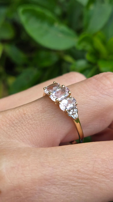 Vintage: 9ct Gold Morganite & Diamond Trilogy Ring