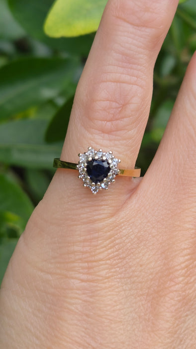 Vintage: 9ct Yellow Gold Heart-Cut Blue Sapphire & Diamond Cluster Ring