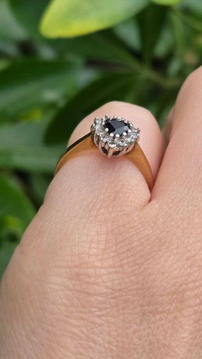 Vintage: 9ct Yellow Gold Heart-Cut Blue Sapphire & Diamond Cluster Ring