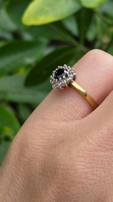 Vintage: 9ct Yellow Gold Heart-Cut Blue Sapphire & Diamond Cluster Ring